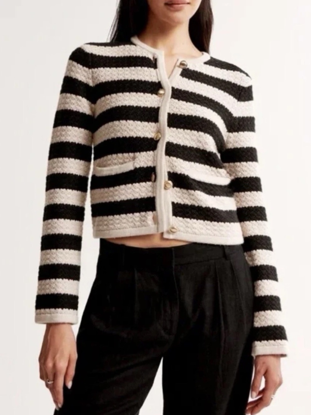 NWOT Abercrombie Textural Crew Sweater Jacket Black Tan Stripe Size Medium